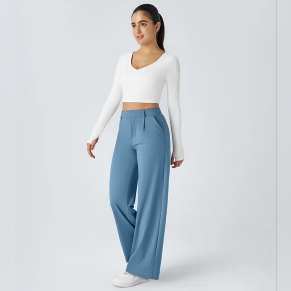 Nwt! Halara High Waisted Side Pocket Straight Leg Work Pants, Light Azure - Picture 3 of 9